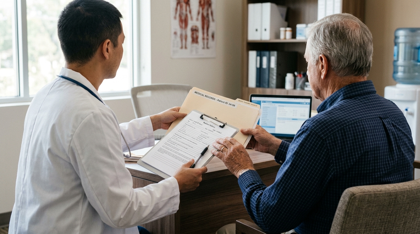 Physician providing paperwork and medical records guidance to an injured federal employee
